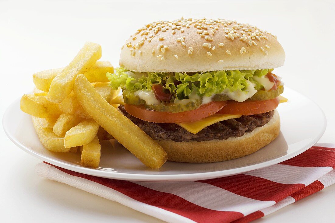 Cheeseburger and Fries on a Plate