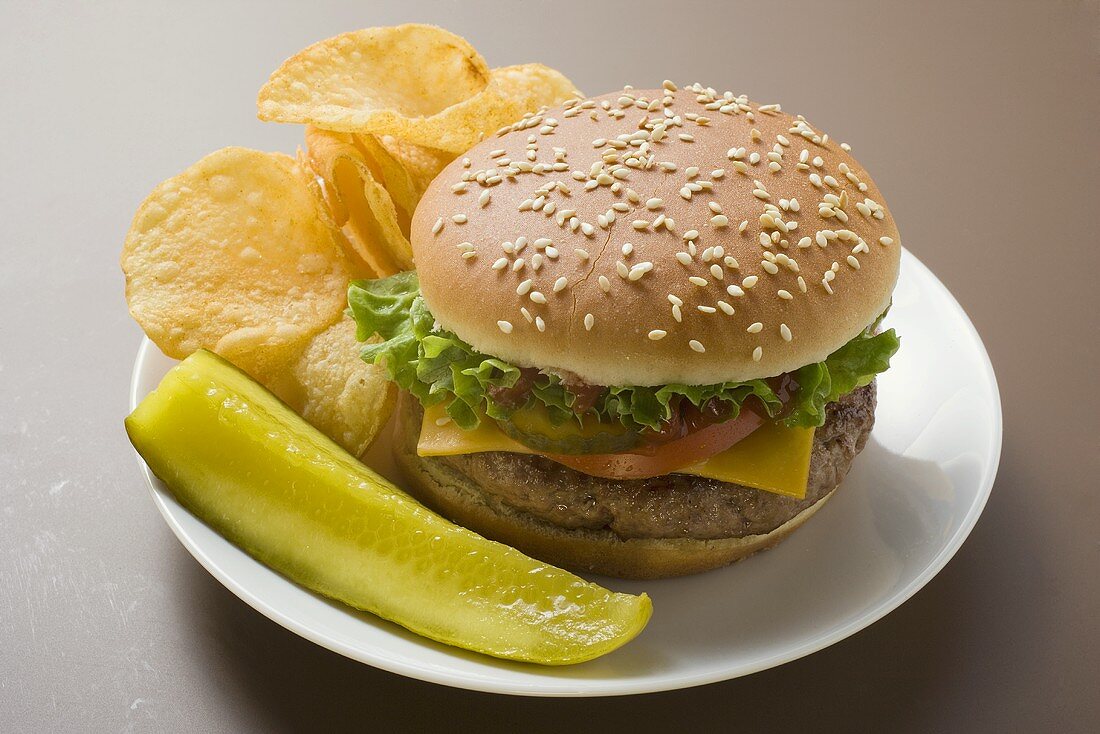 Cheeseburger with potato crisps and gherkin