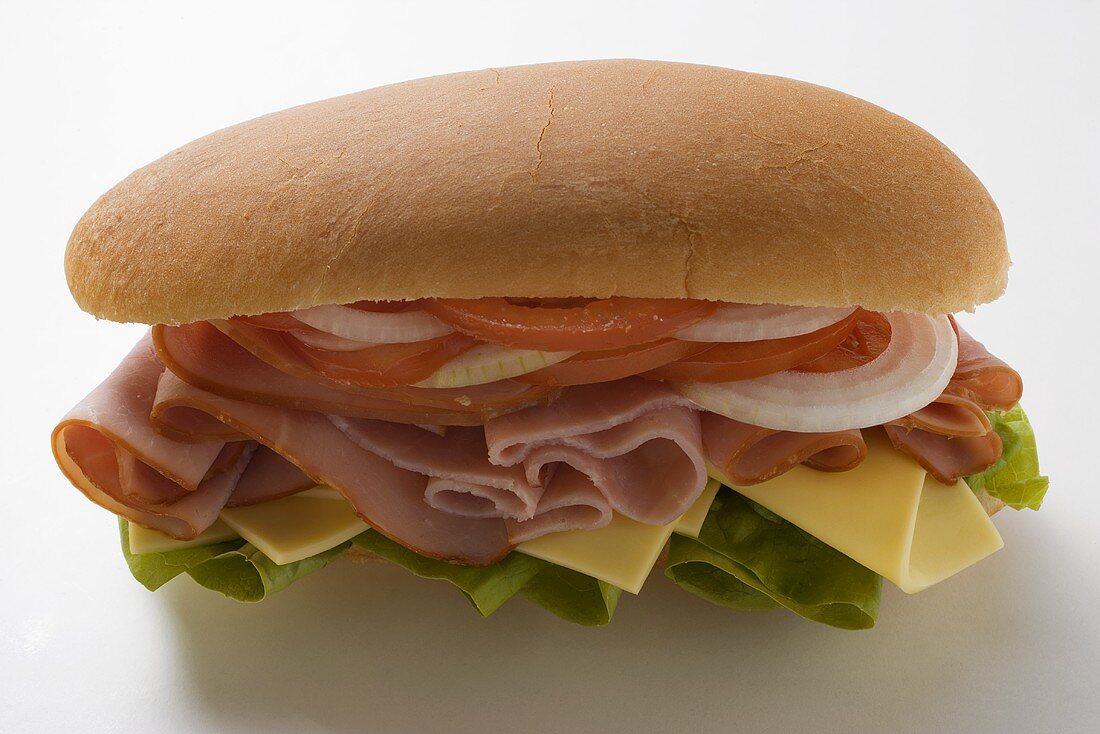 Ham, cheese, tomato and onion in sub sandwich