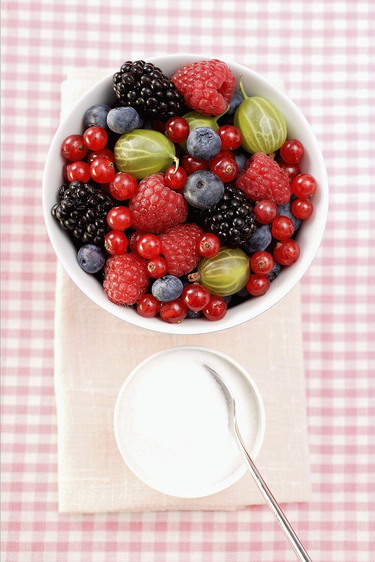 Fresh summer berries in white bowl, sugar beside it