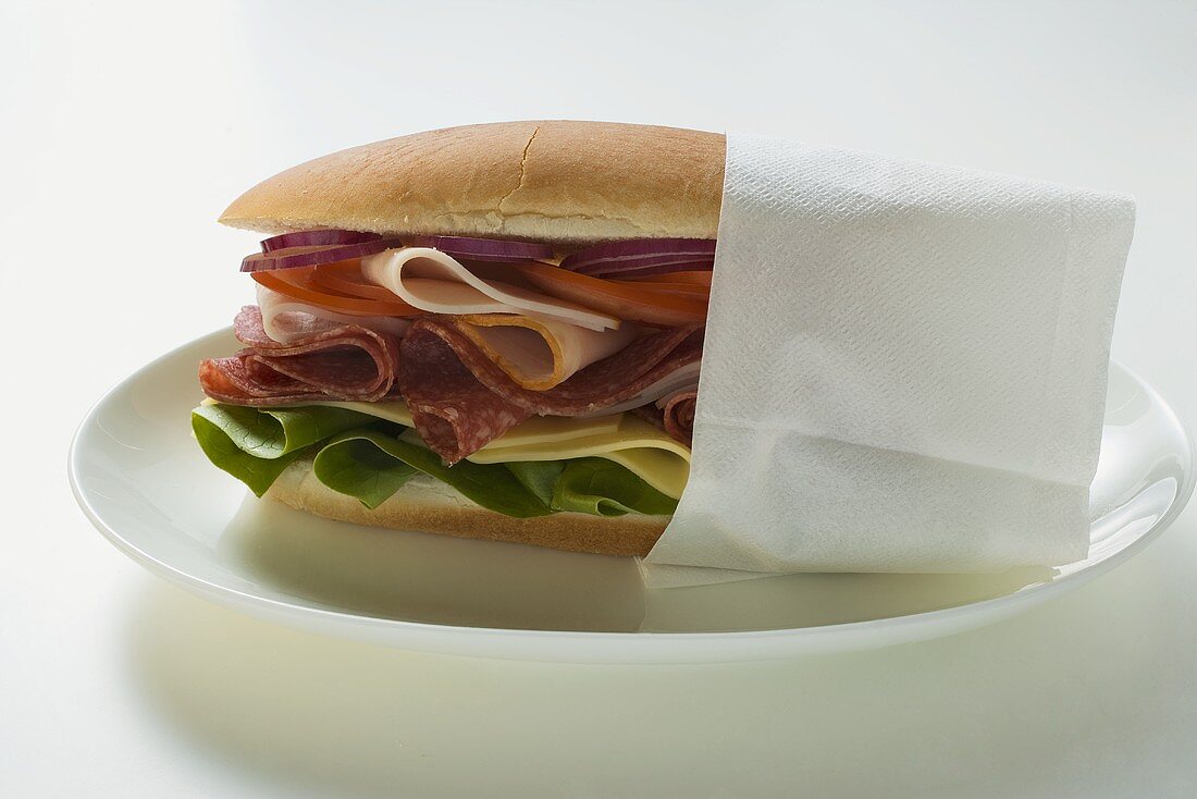Salami, ham and cheese sandwich in napkin
