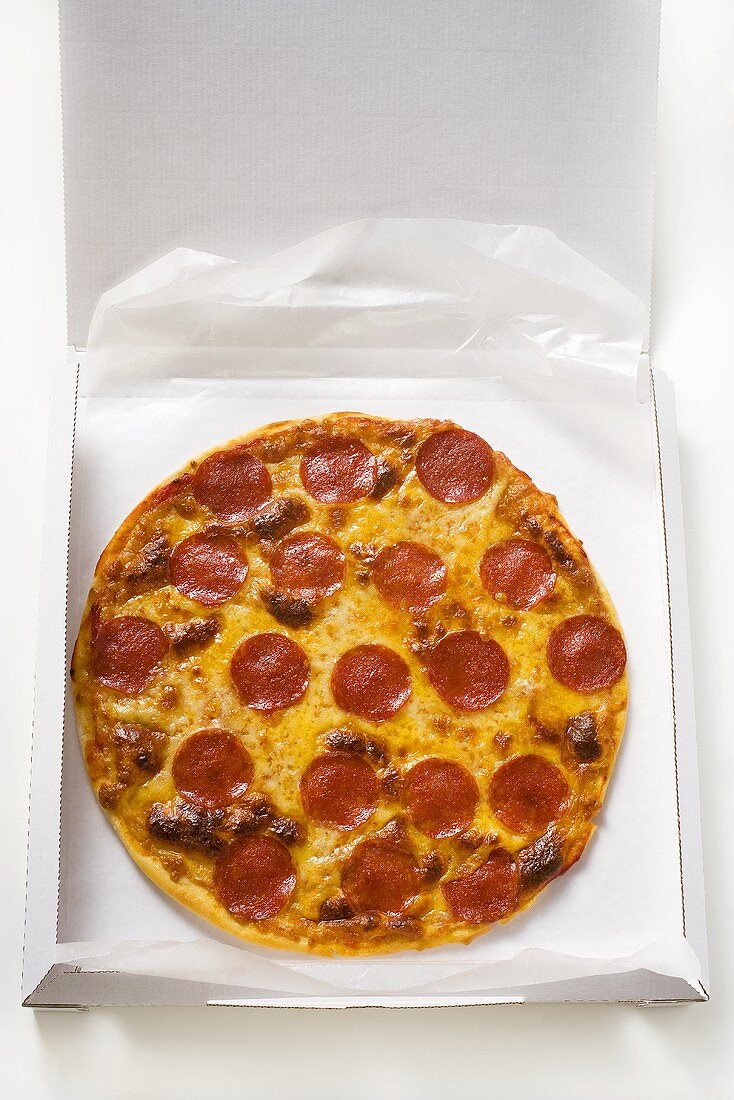 Ganze Pizza mit Salami und Käse im Pizzakarton