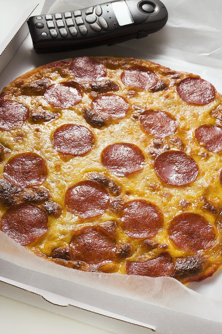 Ganze Pizza mit Salami und Käse im Pizzakarton mit Telefon