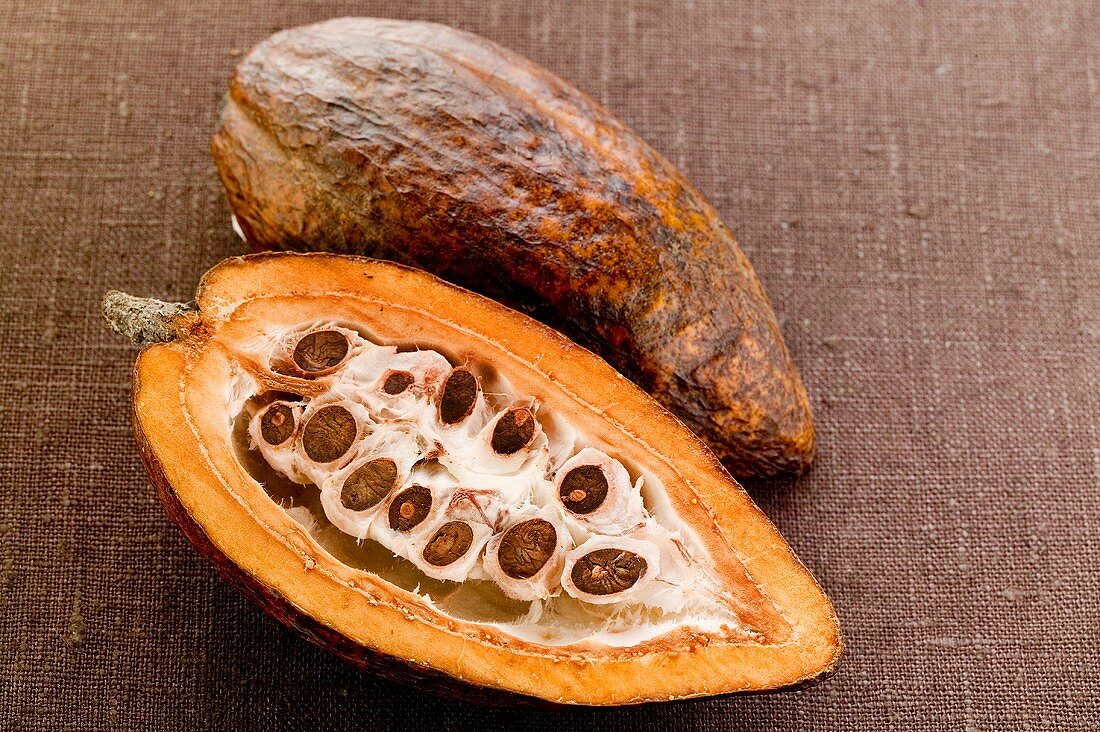 Kakaofrucht, halbiert, auf braunem Untergrund