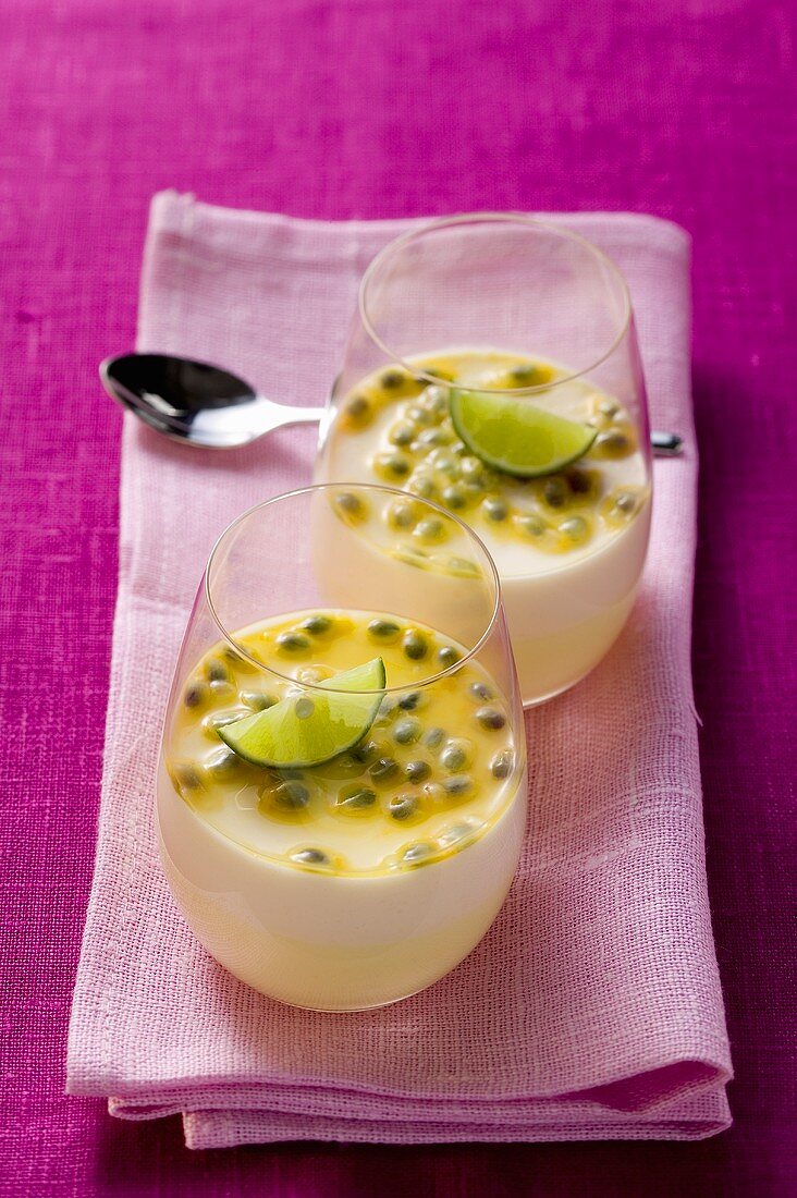 Passion fruit cream with coconut and lime in glasses