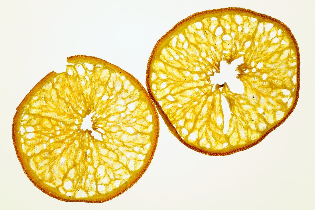Frittierte Orangenscheiben, durchleuchtet