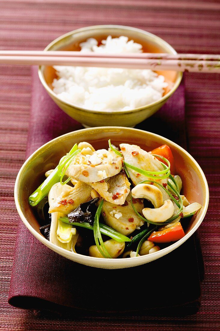 Swordfish with cashew kernels and vegetables, rice (Asia)