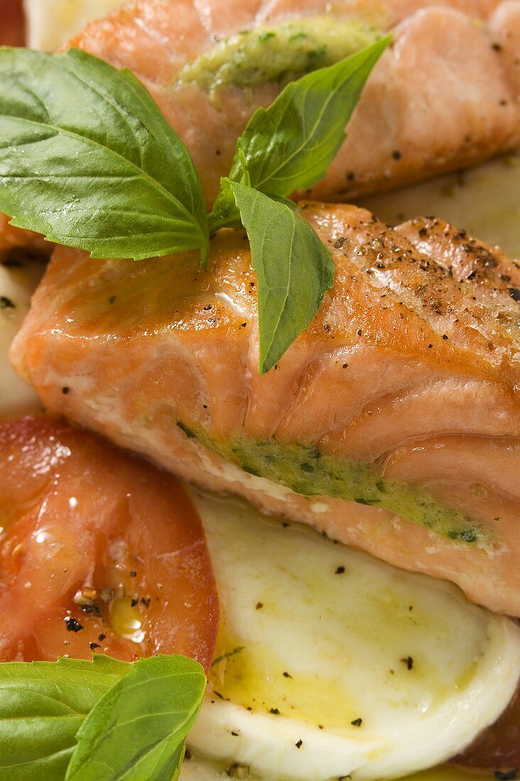 Tomatoes with mozzarella, salmon and basil (detail)