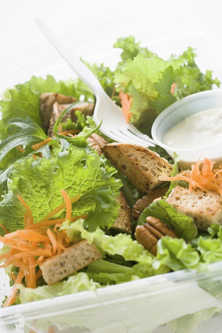 Blattsalat mit Möhren, Croûtons und Saure-Sahne-Dressing
