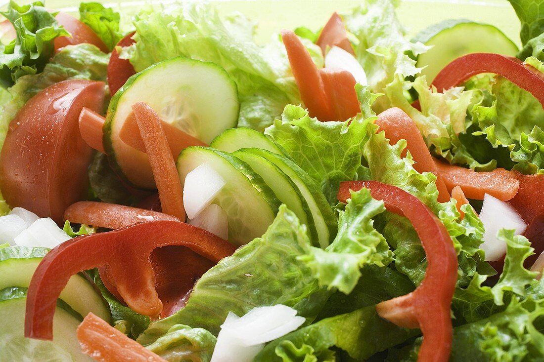 Blattsalat mit Gurken, Tomaten, Möhren und Paprika (Close Up)