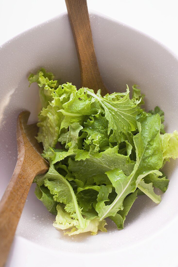 Mixed salad leaves in bowl with salad servers