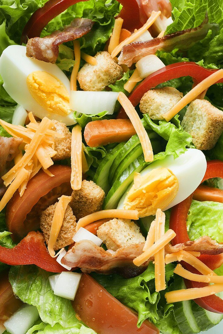 Blattsalat mit Gemüse, Ei, Käse, Bacon und Croûtons