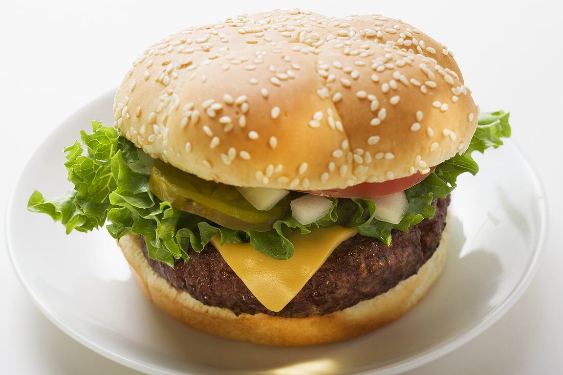 Cheeseburger mit Tomate, Zwiebeln und Essiggurke