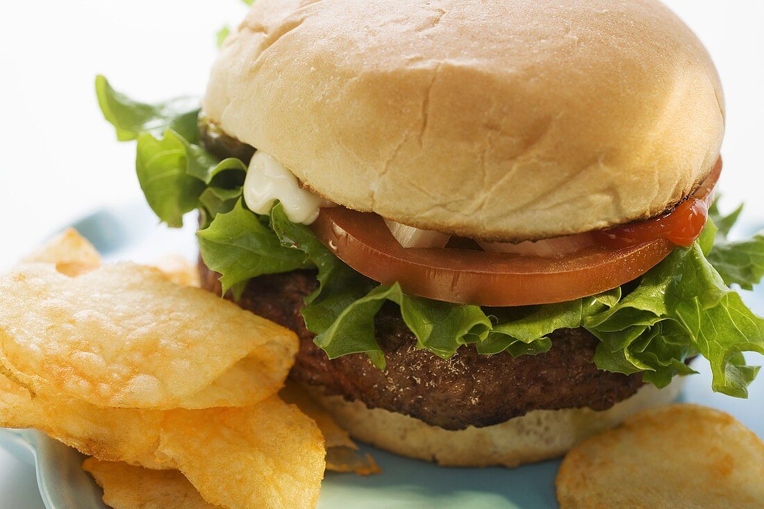 Hamburger mit Tomate, Zwiebeln, Ketchup, Mayonnaise und Chips