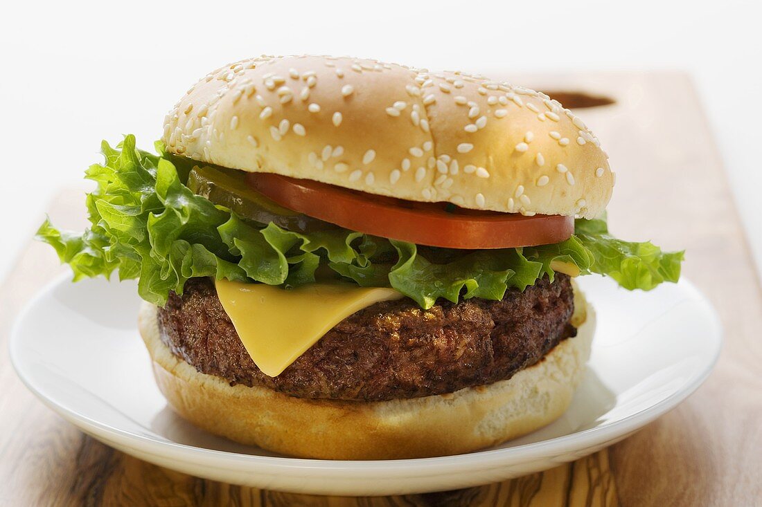 Cheeseburger with tomato and gherkin