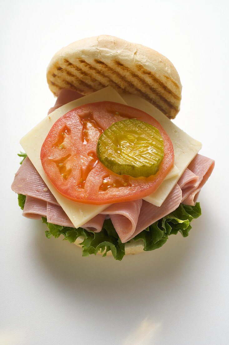 Ham, cheese, tomato and gherkin in kaiser roll