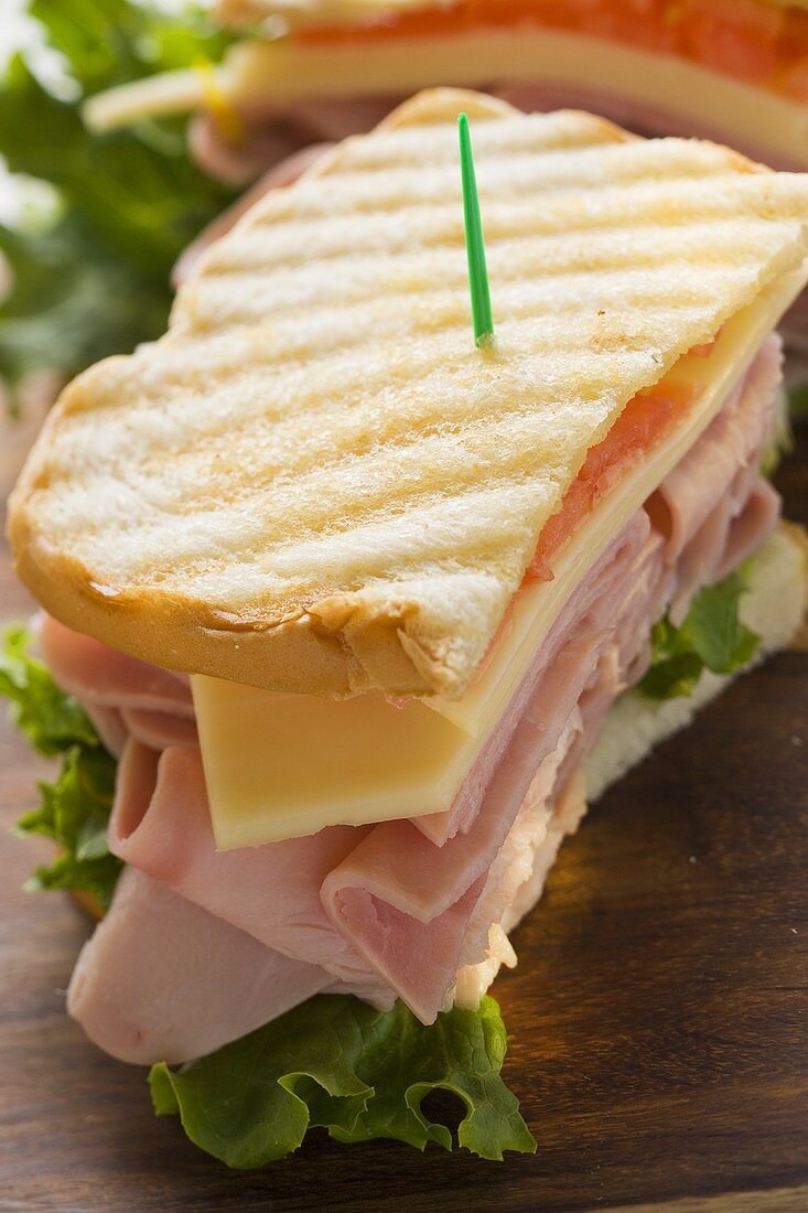 Toasted ham, cheese and tomato sandwich