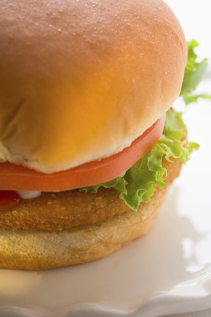 Chicken burger with tomato, lettuce, mayonnaise & ketchup