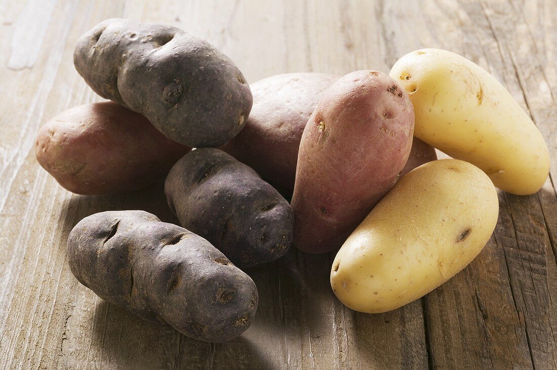 Various types of potato on wooden background