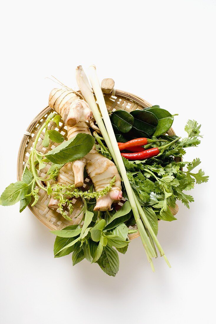 Fresh Thai herbs and spices in basket