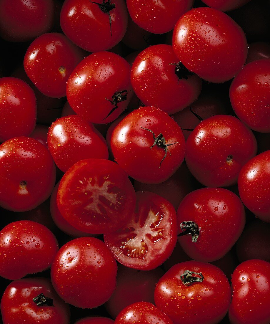 Viele Tomaten mit Wassertropfen (bildfüllend)