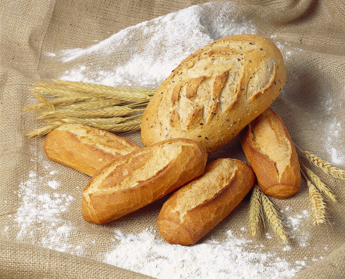 Hellen Brote und Getreideähren auf bemehltem Jute