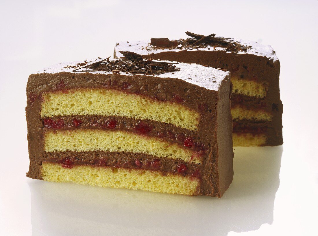 Sponge slices with chocolate cream and cranberries