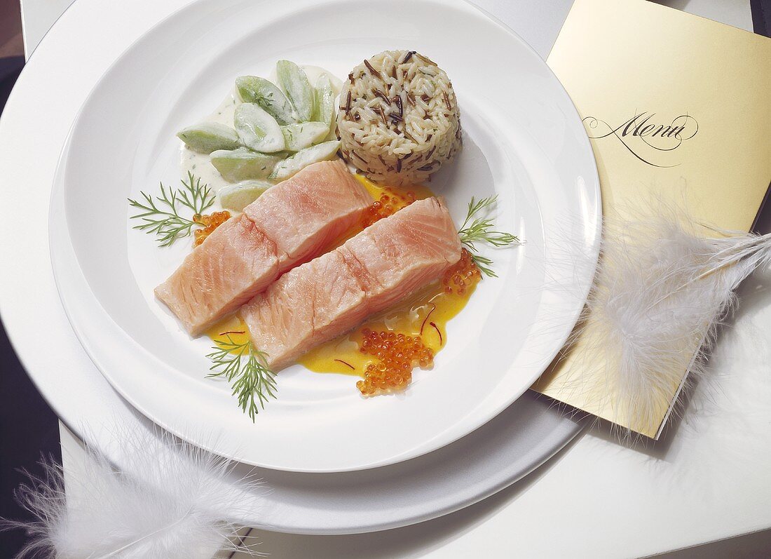 Poached salmon with caviare and saffron sauce