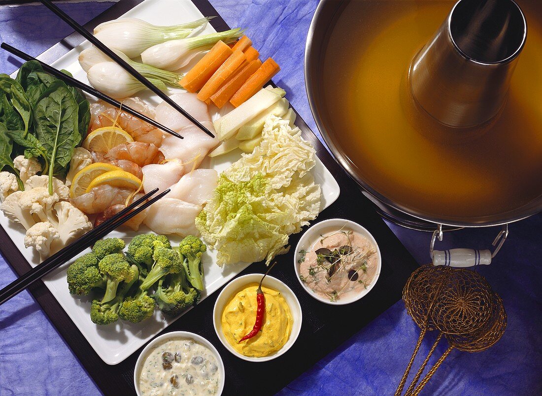 Vegetable Fondue with Fish & Sauces