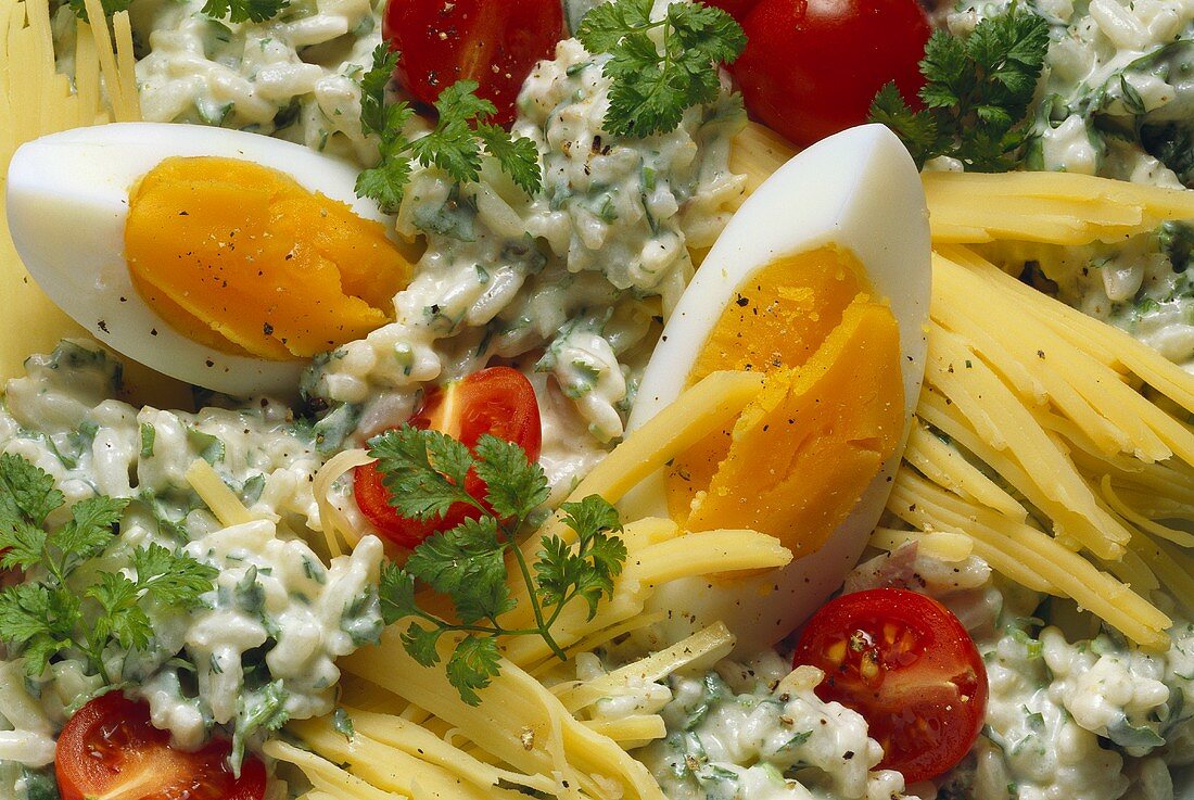 Rice salad with cheese, herbs and egg