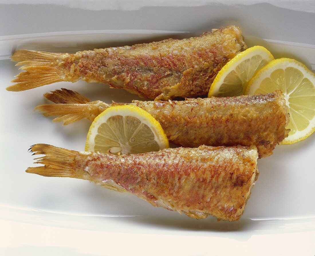 Roasted red mullets with lemon slices