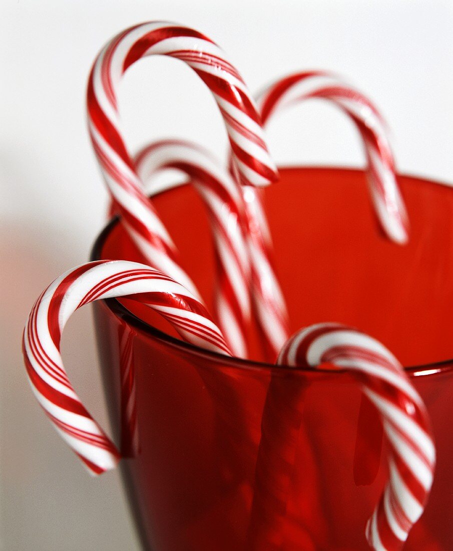 Several red and white candy canes in a glass