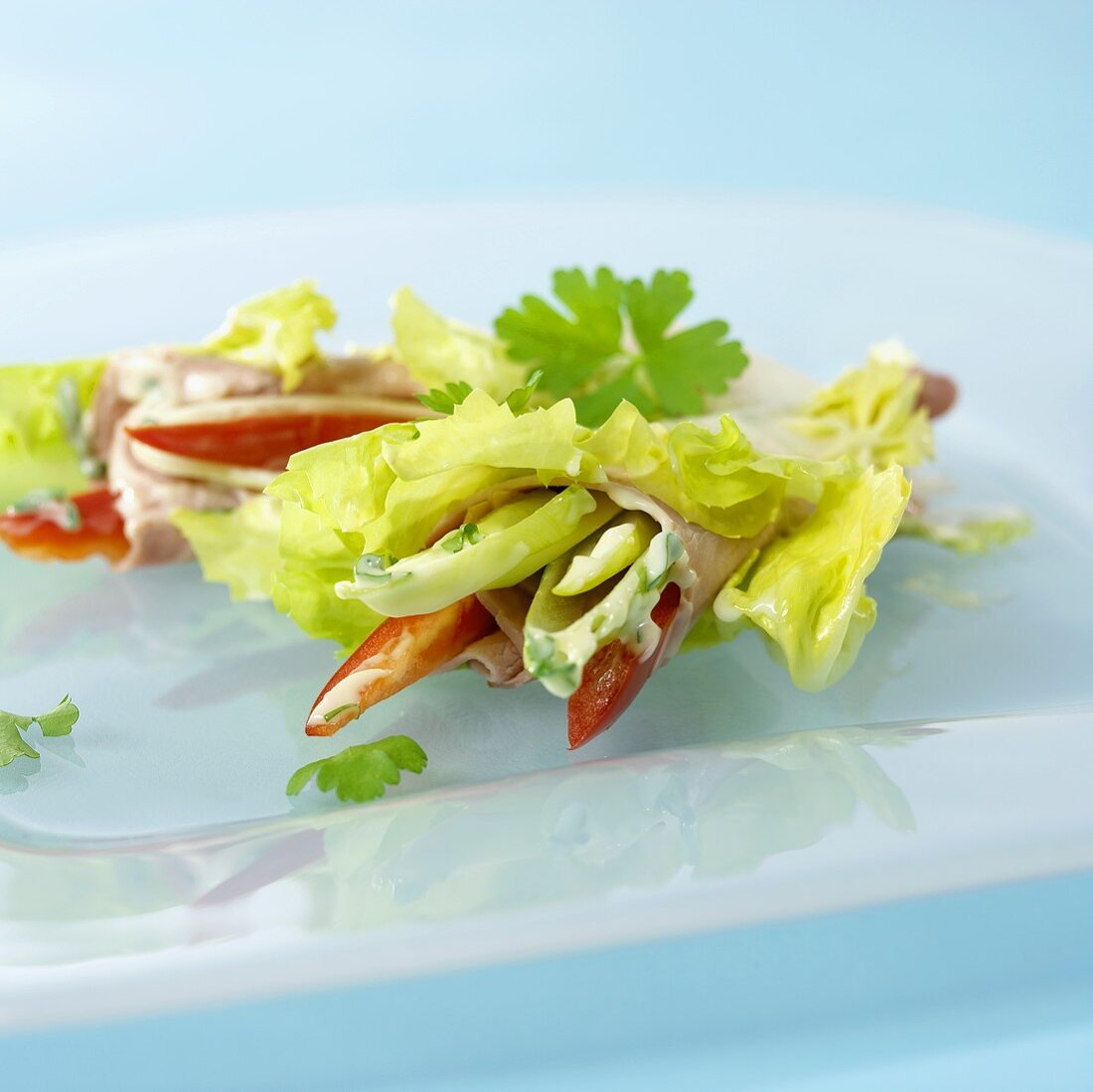 Putenröllchen mit Gemüse, Salat und Mayonaise