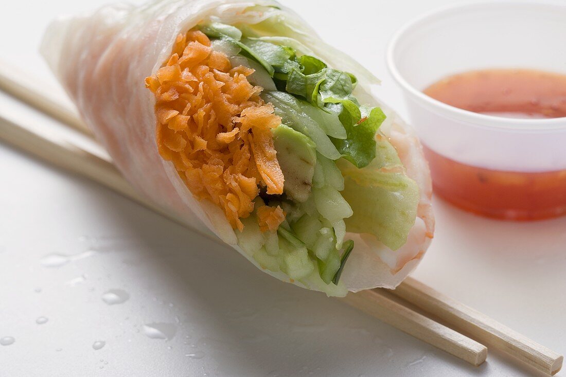 Vietnamese rice paper roll with vegetables and dip