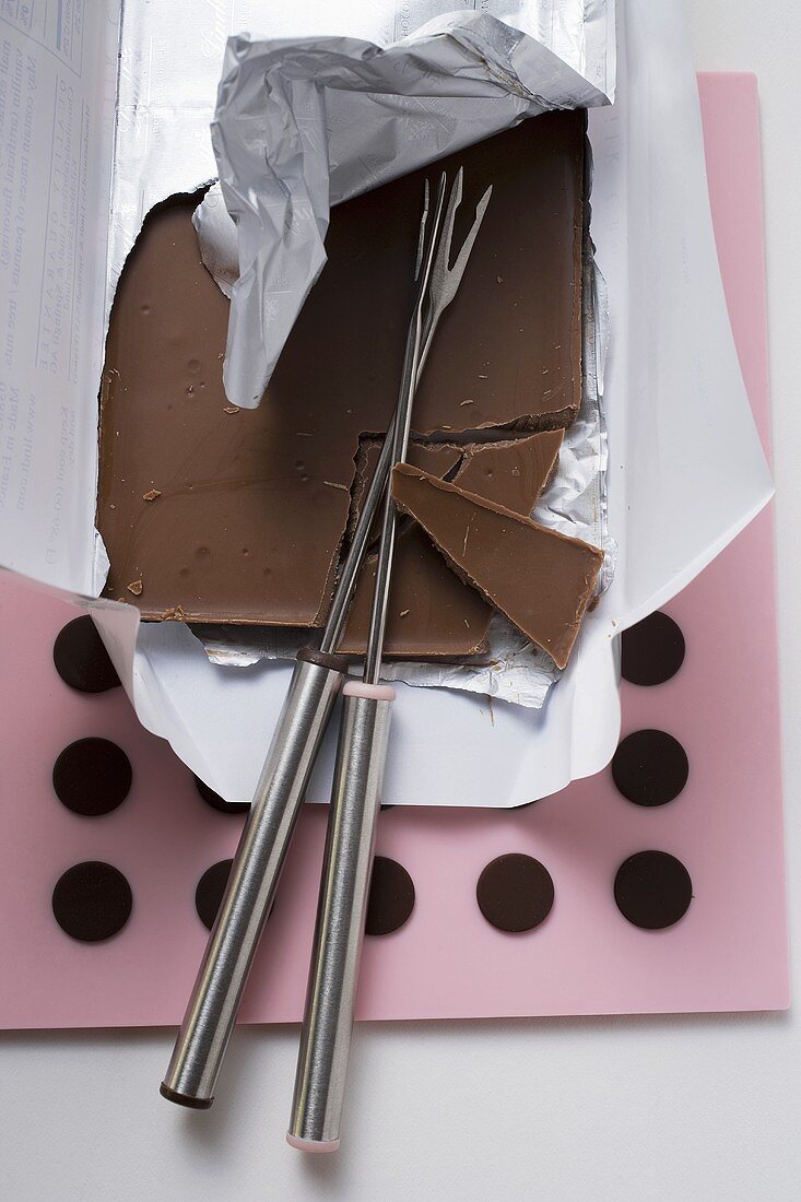 Broken chocolate with fondue forks