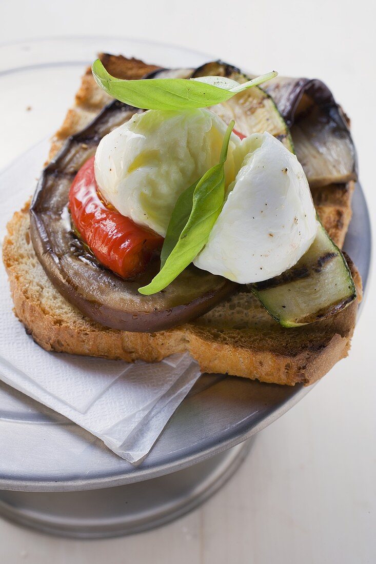 Vegetables and mozzarella on slice of grilled bread