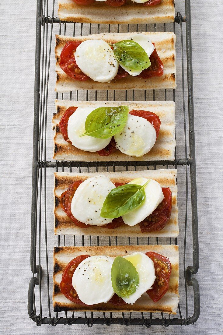 Gegrilltes Brot mit Tomaten, Mozzarella und Basilikum