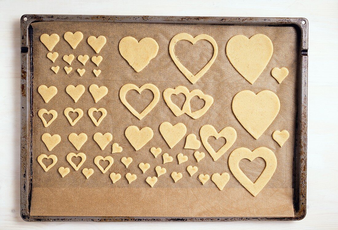 Cut-out biscuits on a baking tray