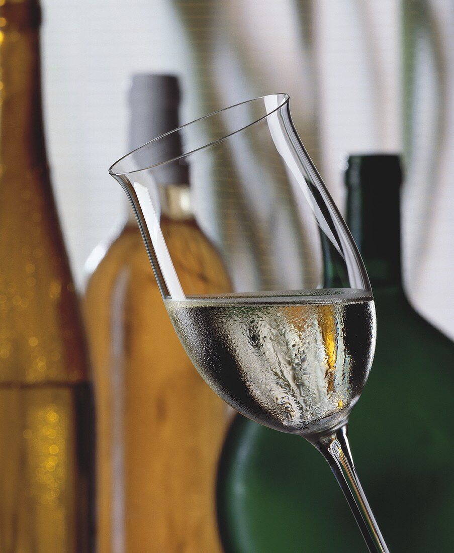 Glass of white wine, various white wine bottles behind