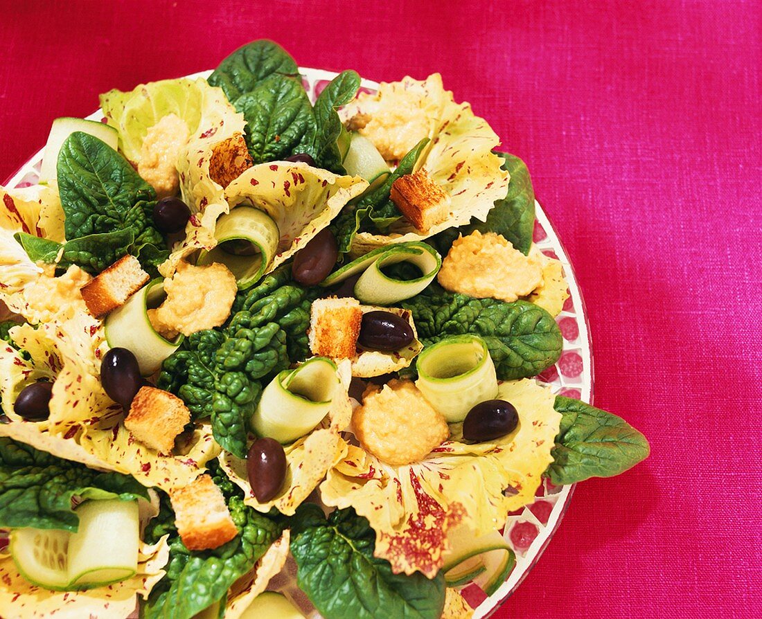 Mixed salad with hummus and croutons