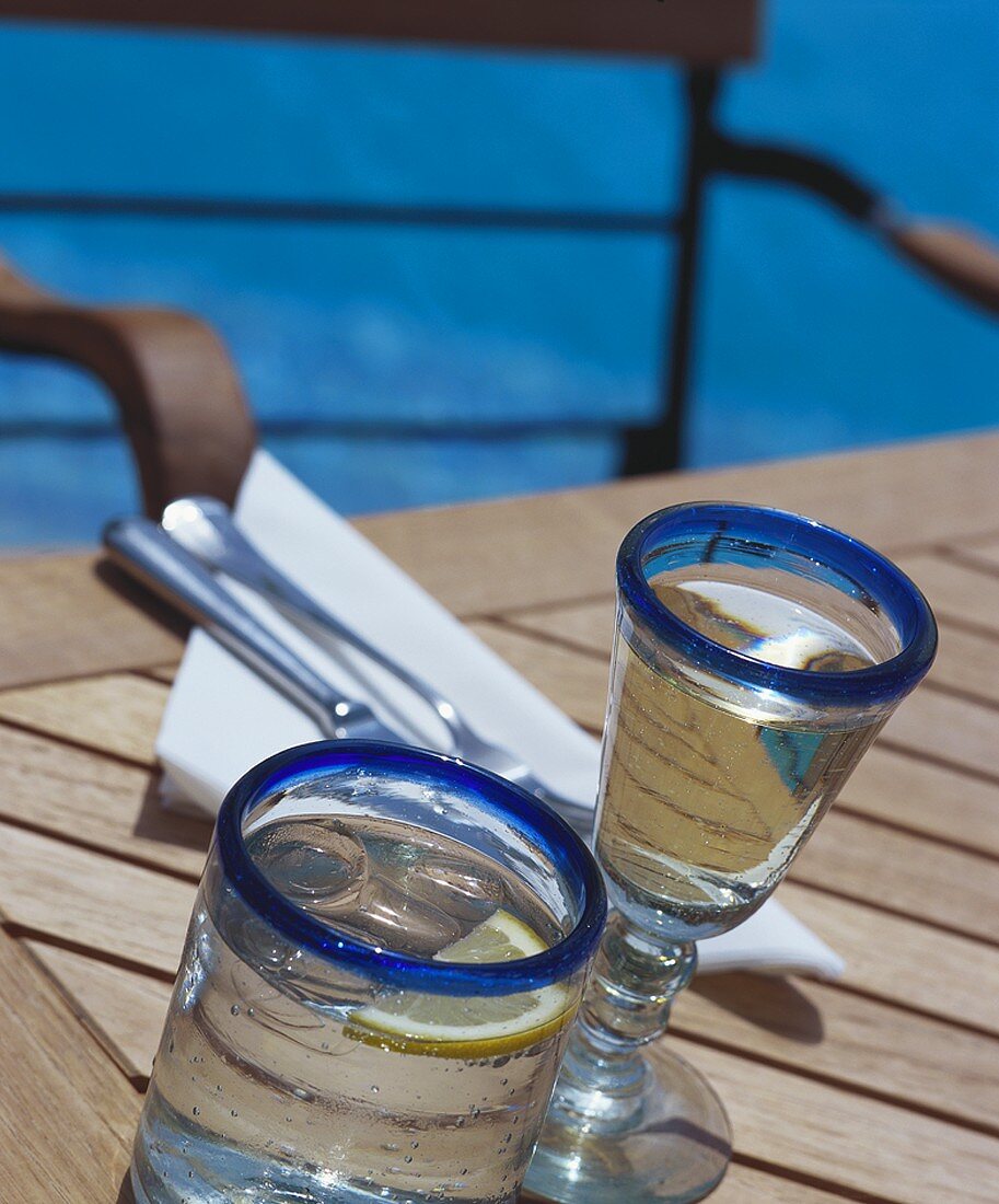 Two glasses of water, one with lemon and ice cubes