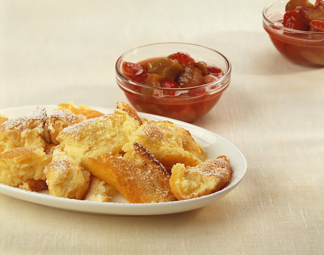Scrambled curd cheese pancake with strawberry & rhubarb compote