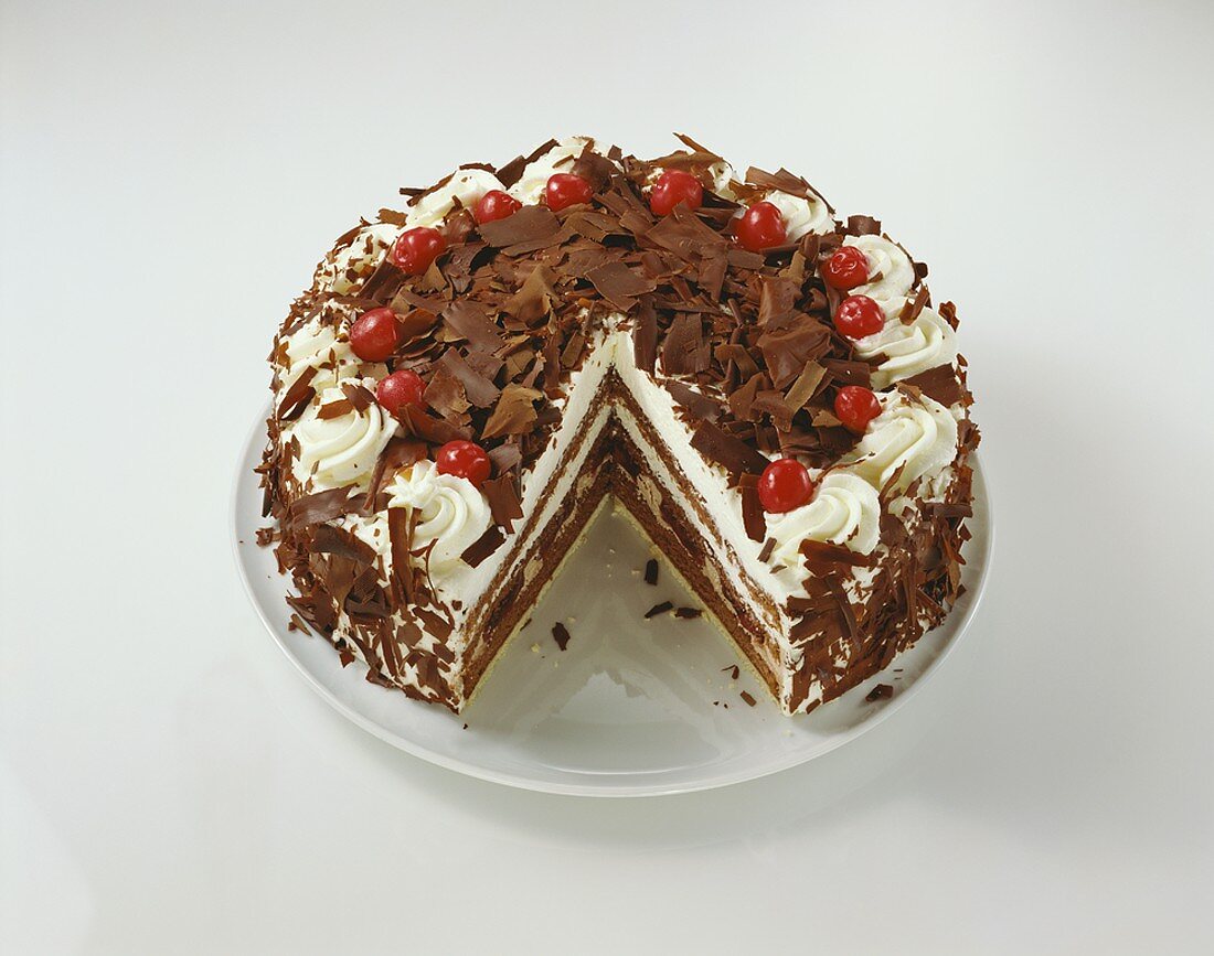 Black Forest gateau with pieces taken