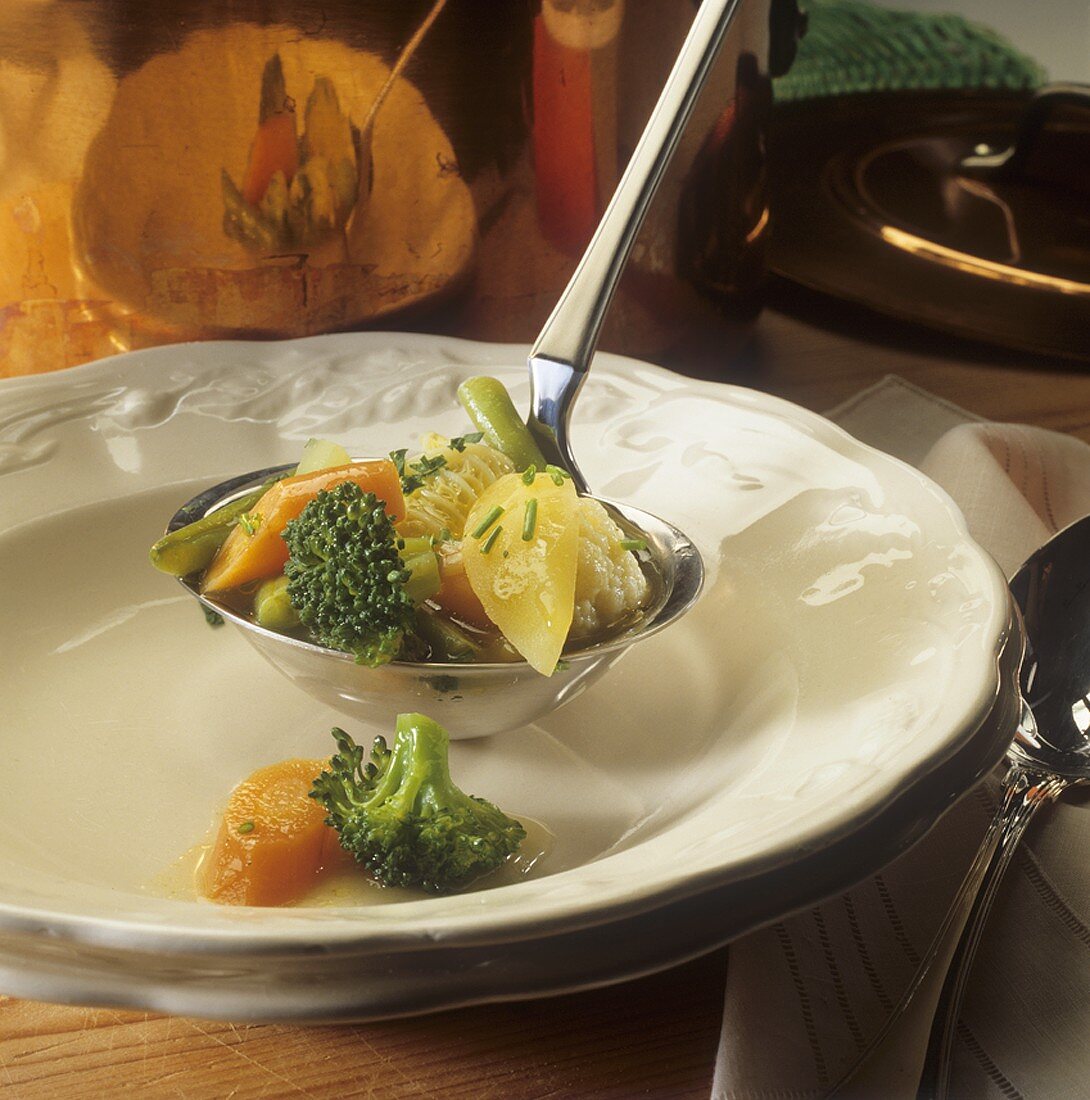 Vegetable soup on ladle