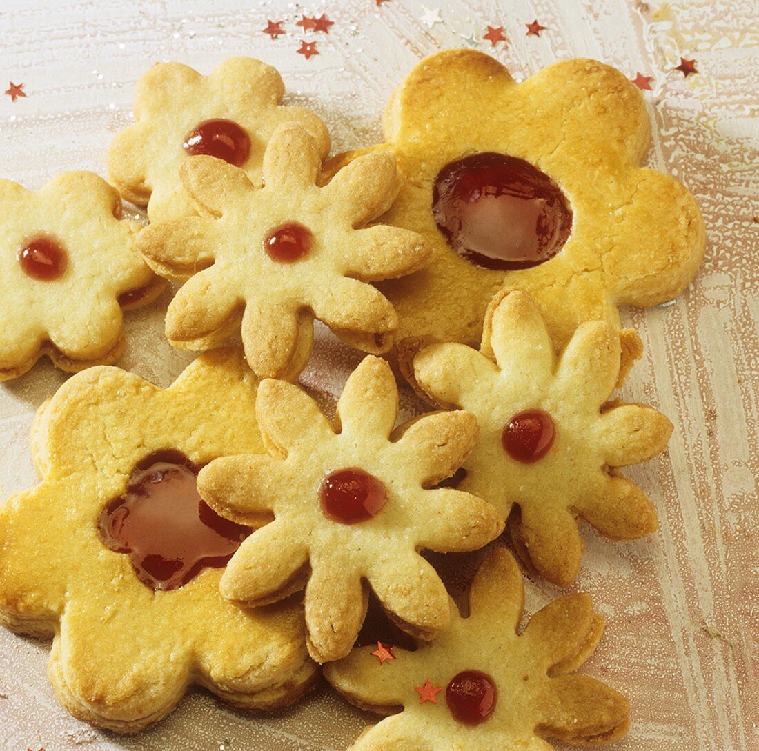 Flower-shaped jam biscuits