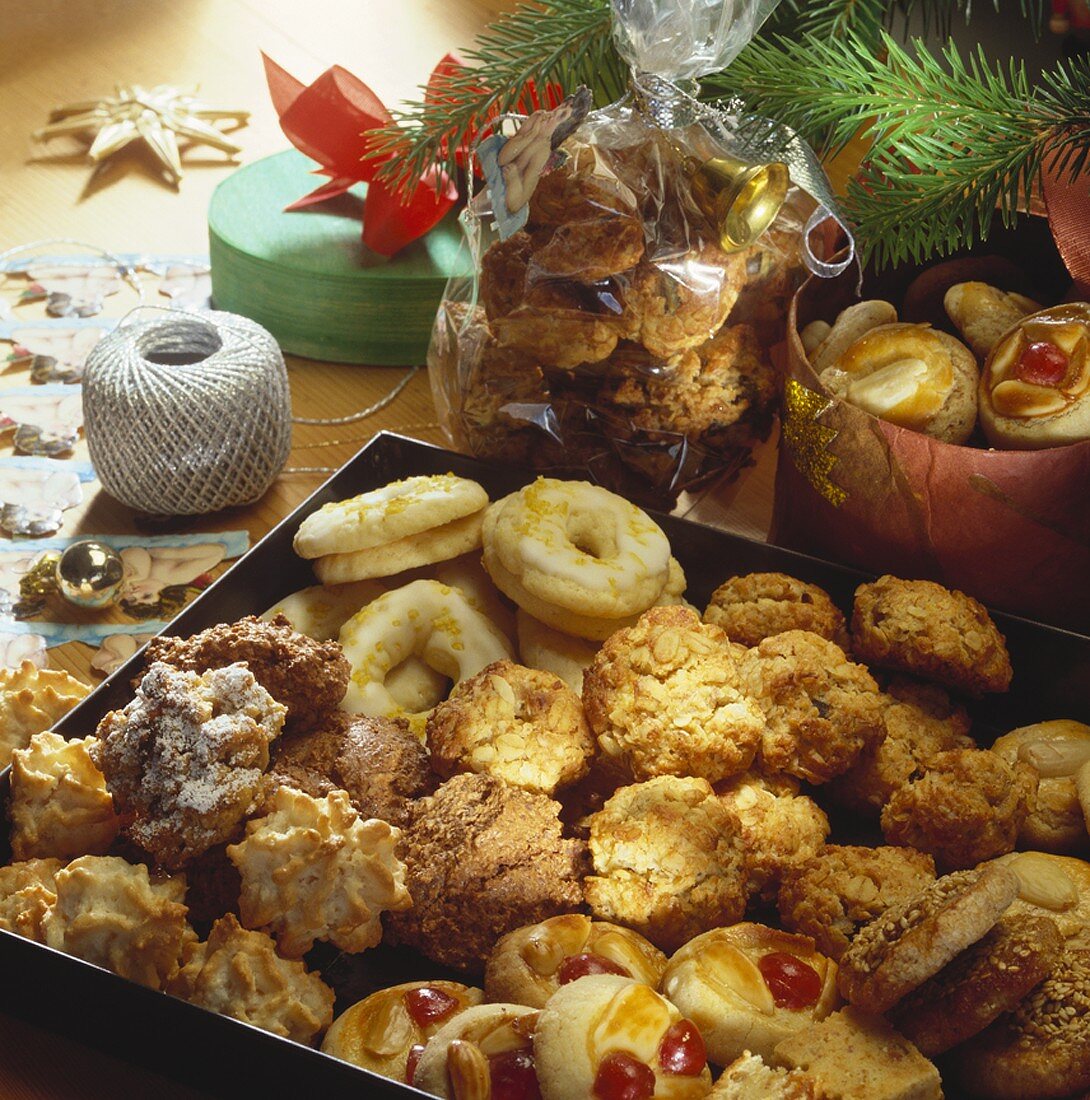 Assorted biscuits on a baking tray