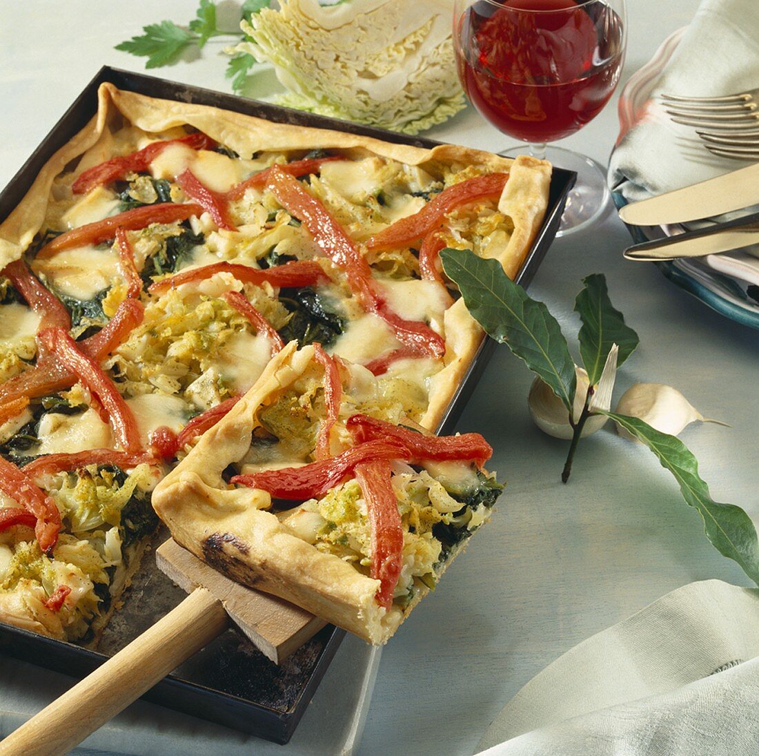 Savoy cabbage and chard tart with red pepper lattice