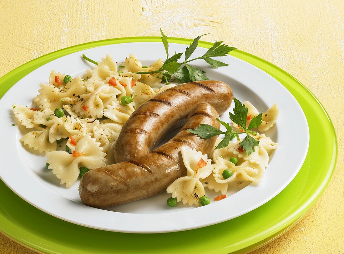 Sausages with pasta salad