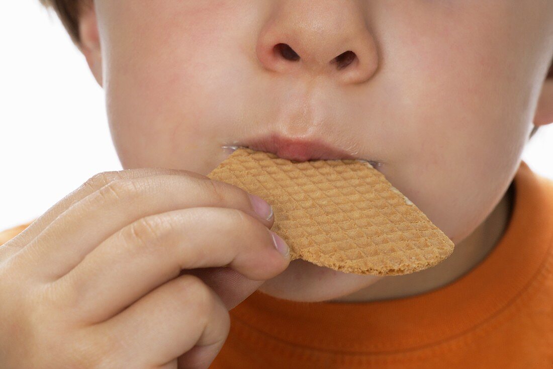 Boy biting an ice cream wafer