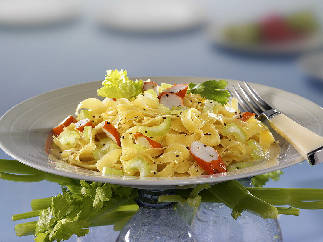 Ribbon pasta with crabmeat and celery